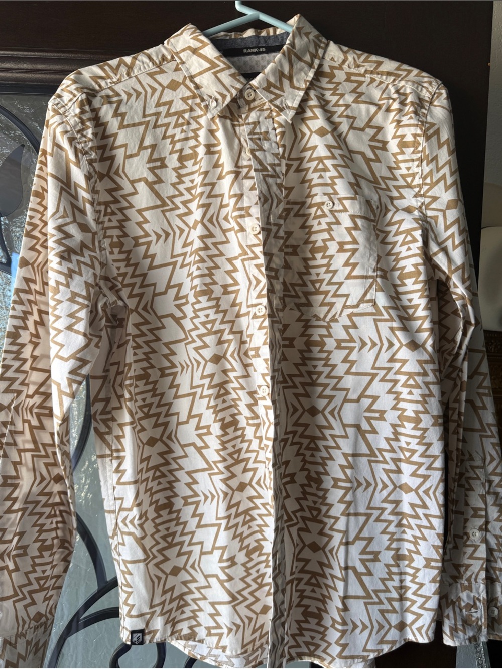 Rank-45 White Button-Down with Tan Geometric Print